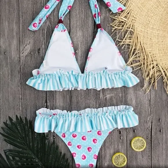 NIB $59 Misty Pearl | Ruffled Bikini | Floral & Coastal Stripes | Nylon/Spandex - Picture 4 of 6